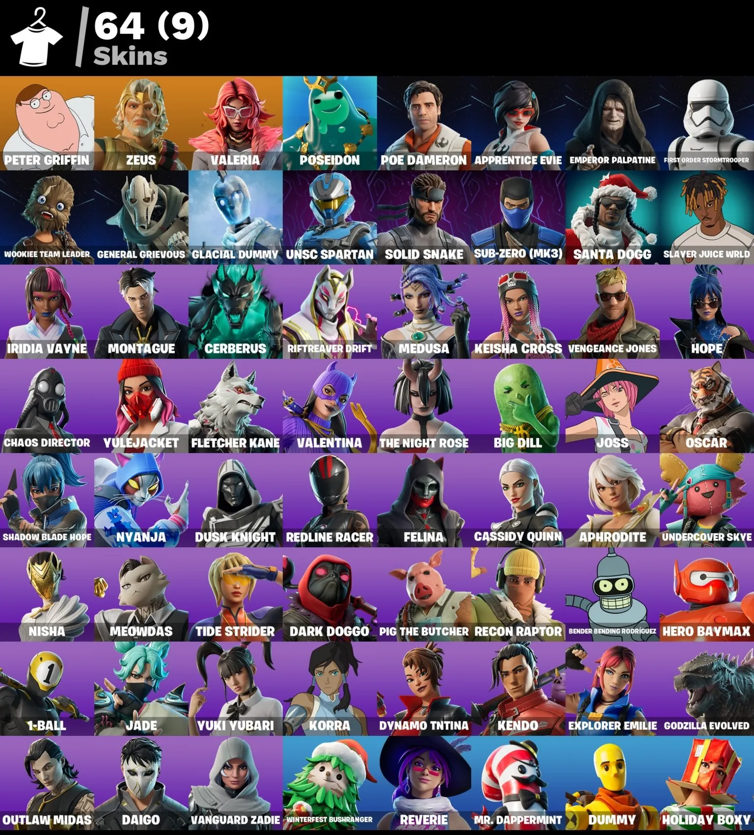 Мгновенный доступ • FN (все платформы) • 64 skins • Peter Griffin•Zeus• Полный доступ