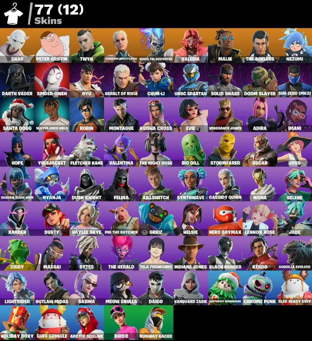 Мгновенный доступ • FN (все платформы) • 77 skins • Snap • 1250 VB • Полный доступ