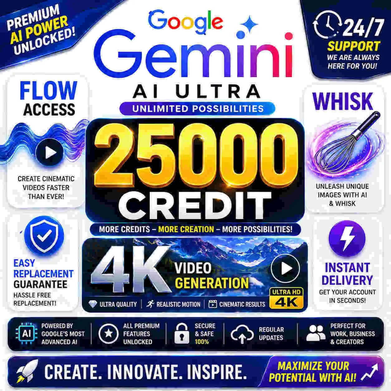 Gemini AI Ultra| 25000 Кредитов|4K Видео|Flow+Whisk|Полный Доступ|Мгновенная Доставка