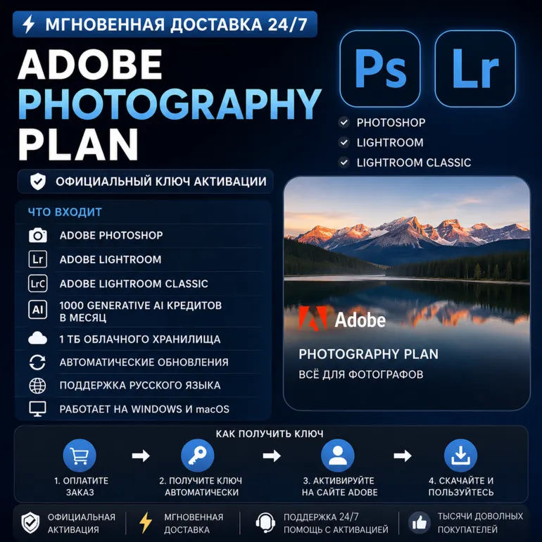 ADOBE PHOTOGRAPHY PLAN | 1 ТB | PHOTOSHOP + LIGHTROOM | АВТОДОСТАВКА