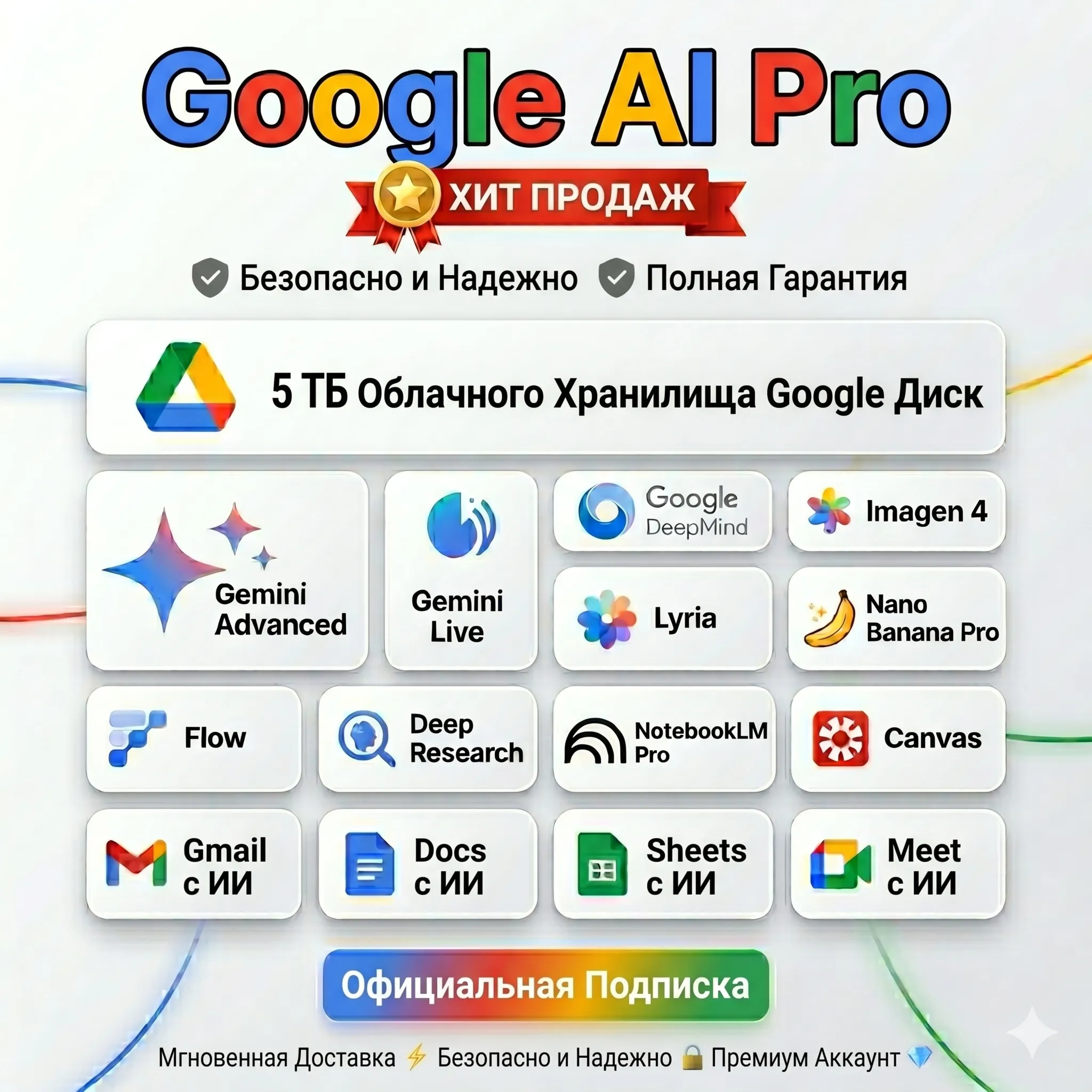 Google AI PRO + Gemini PRO + VEO 3 + Диск 5 ТБ + Lyria + NotebookLM Pro + Nano Banana
