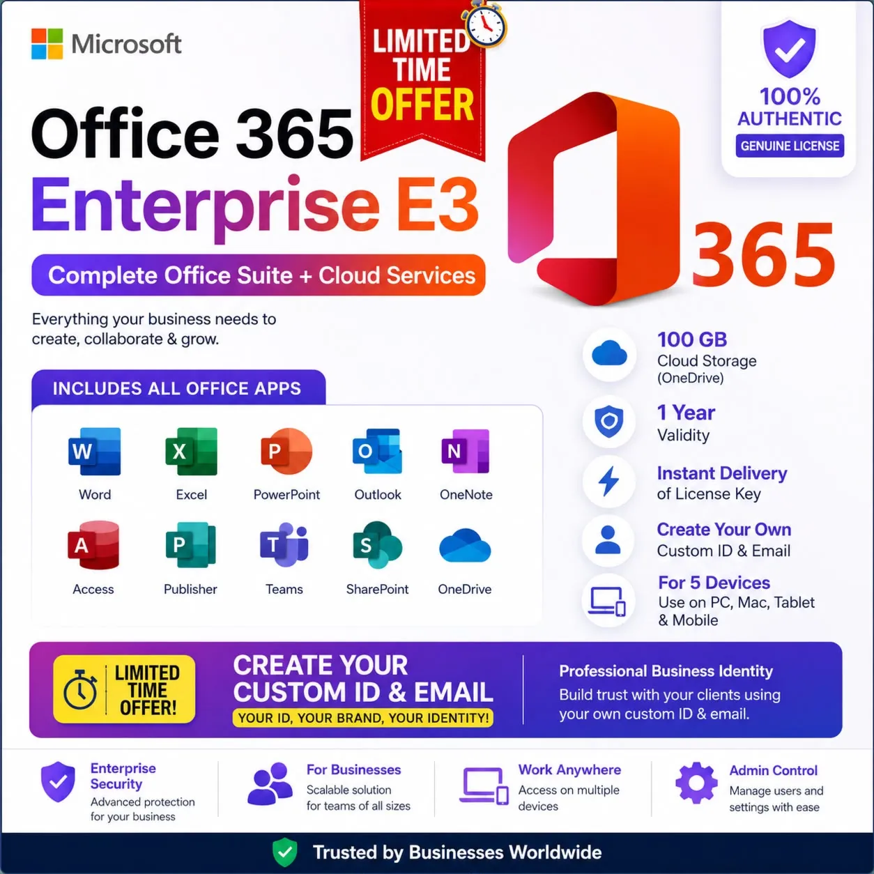 Код активации MS Office 365 E3 | 5 устройств, 100 ГБ OneDrive (цифровая доставка)