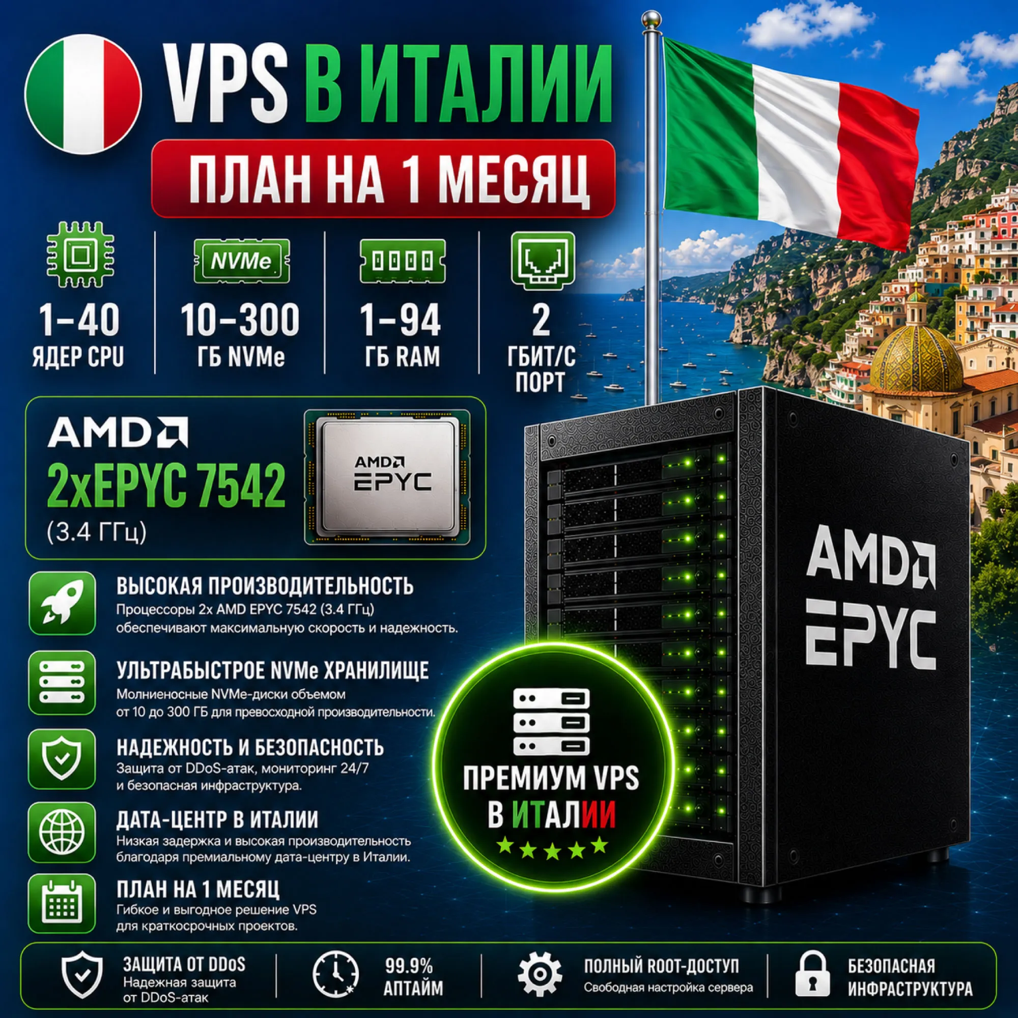 Италия VPS - 1 Месяц | AMD 2xEPYC 7542 | Быстрый NVMe | Порт 2 Гбит/с