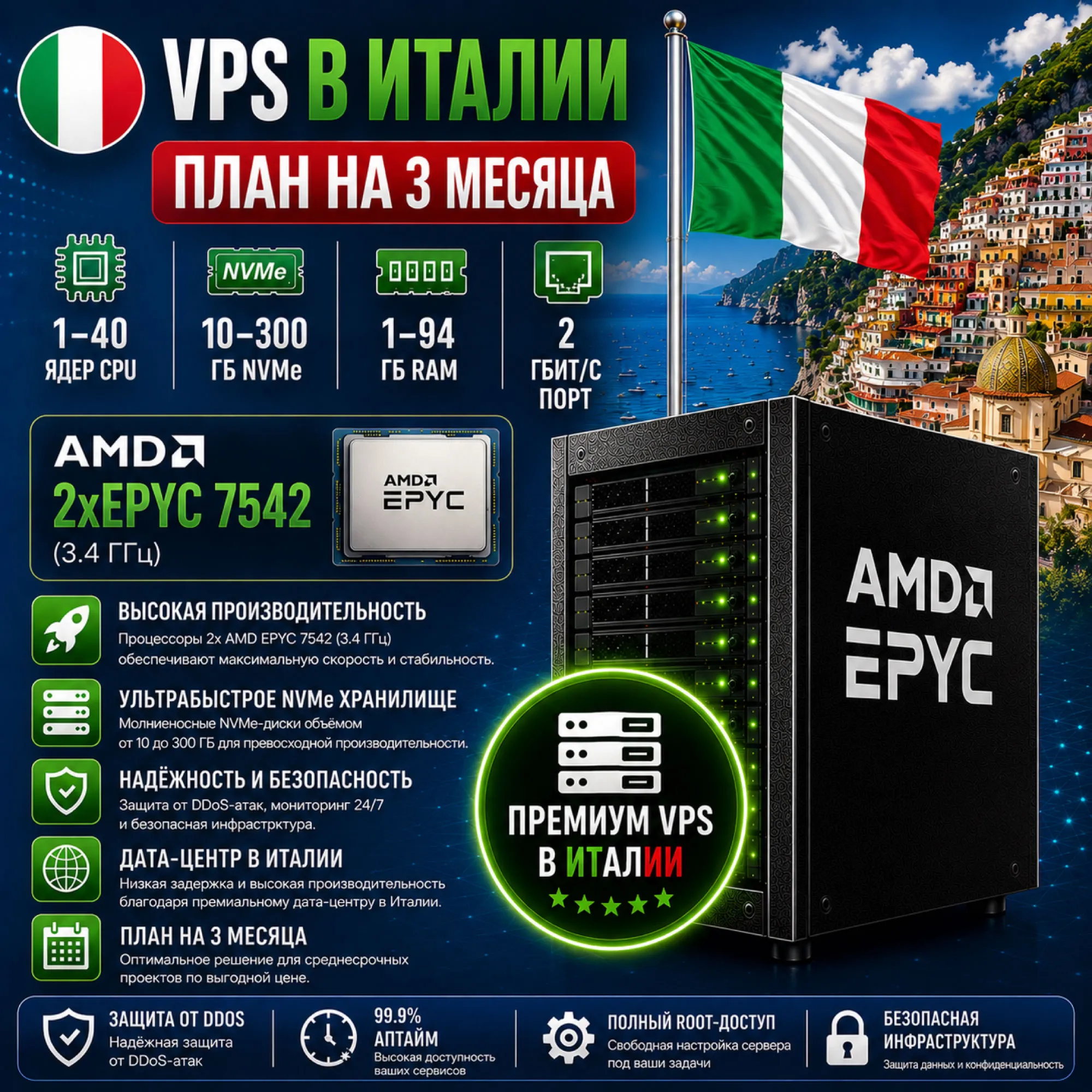 Италия VPS - 3 Месяца | AMD 2xEPYC 7542 | Быстрый NVMe | Порт 2 Гбит/с