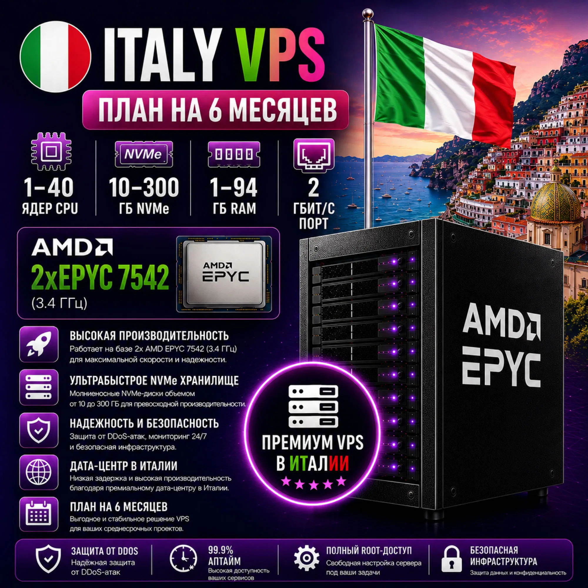 Италия VPS - 6 Месяцев | AMD 2xEPYC 7542 | Быстрый NVMe | Порт 2 Гбит/с