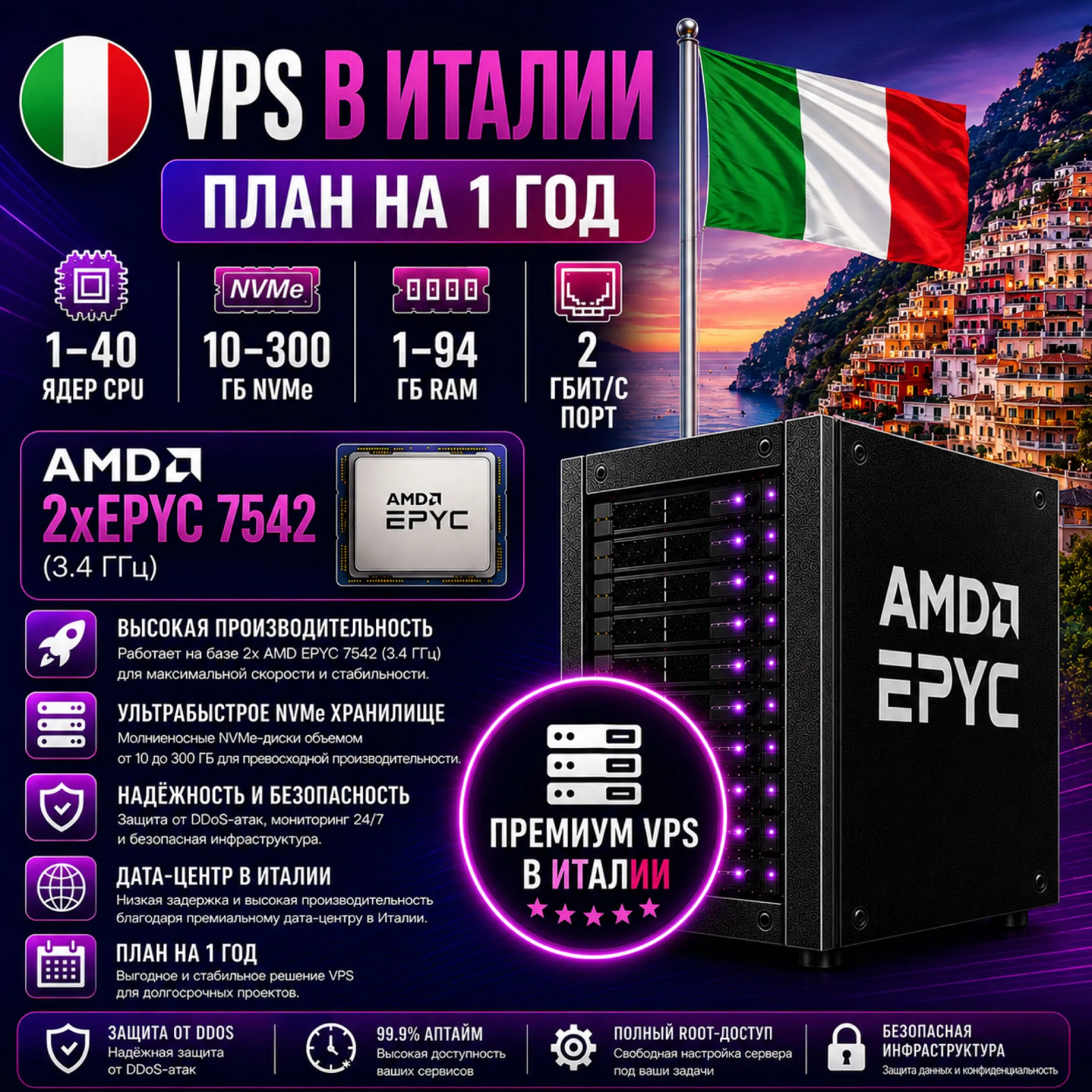 Италия VPS - 1 Год | AMD 2xEPYC 7542 | Быстрый NVMe | Порт 2 Гбит/с
