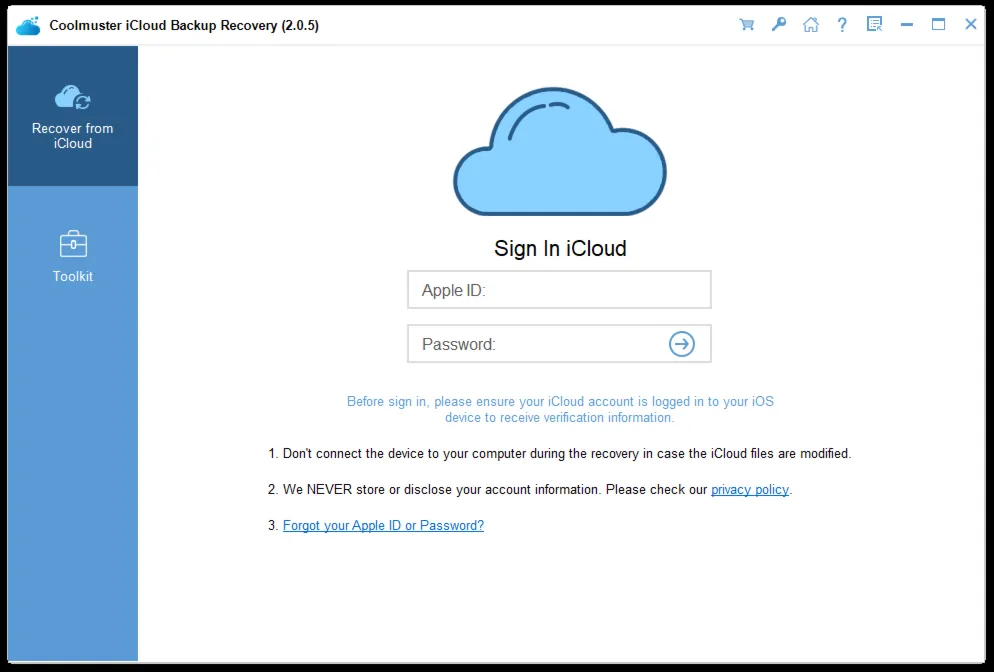 Coolmuster iCloud Backup Recovery Аккаунт