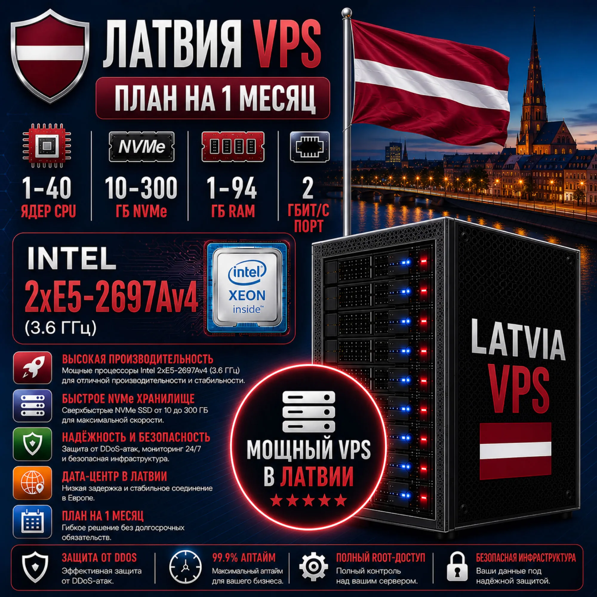 Латвия VPS - 1 Месяц | Intel 2xE5-2697Av4 | Быстрый NVMe | Порт 2 Гбит/с