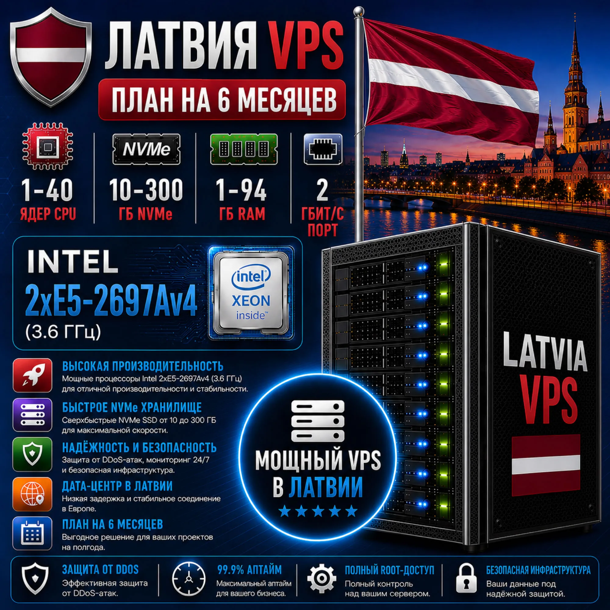 Латвия VPS - 6 Месяцев | Intel 2xE5-2697Av4 | Быстрый NVMe | Порт 2 Гбит/с