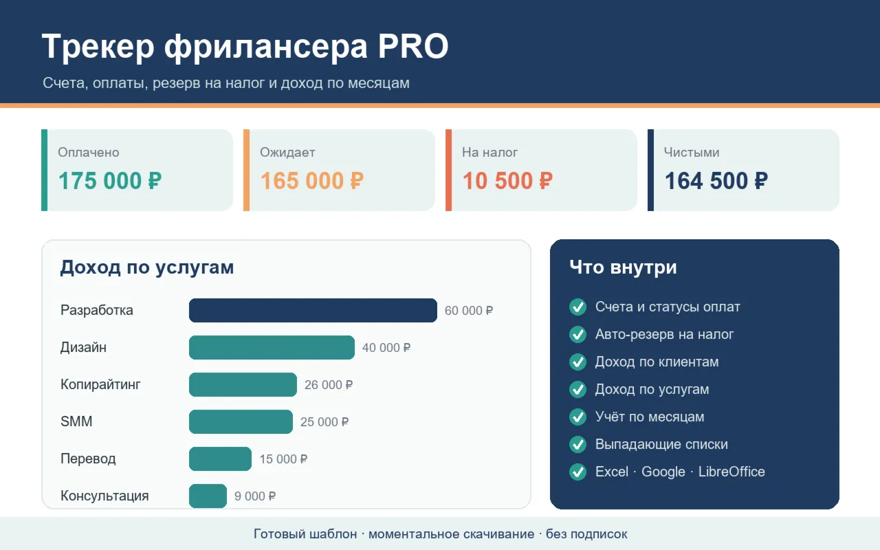 Трекер фрилансера PRO — учёт счетов, оплат, налога и дохода в Excel для самозанятых