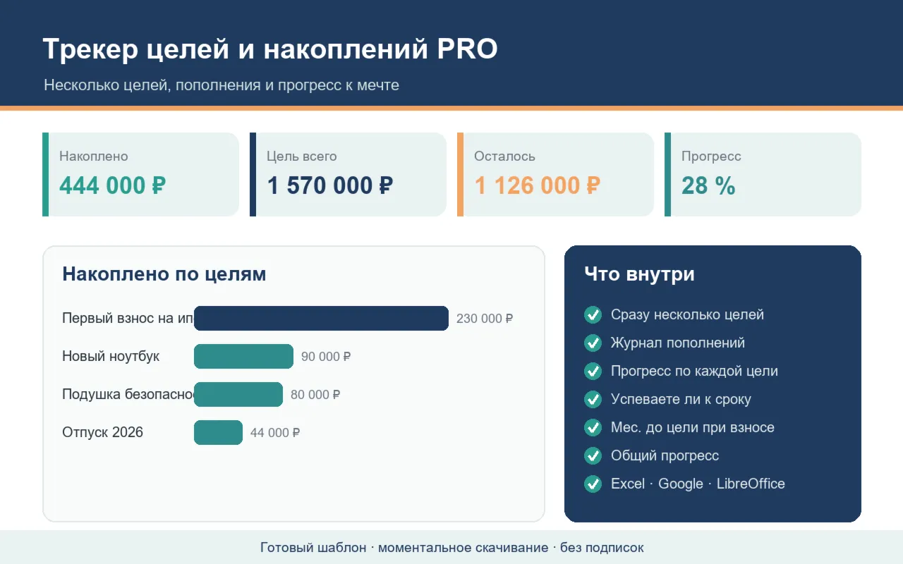 Трекер целей и накоплений PRO — несколько целей, пополнения и прогресс в Excel