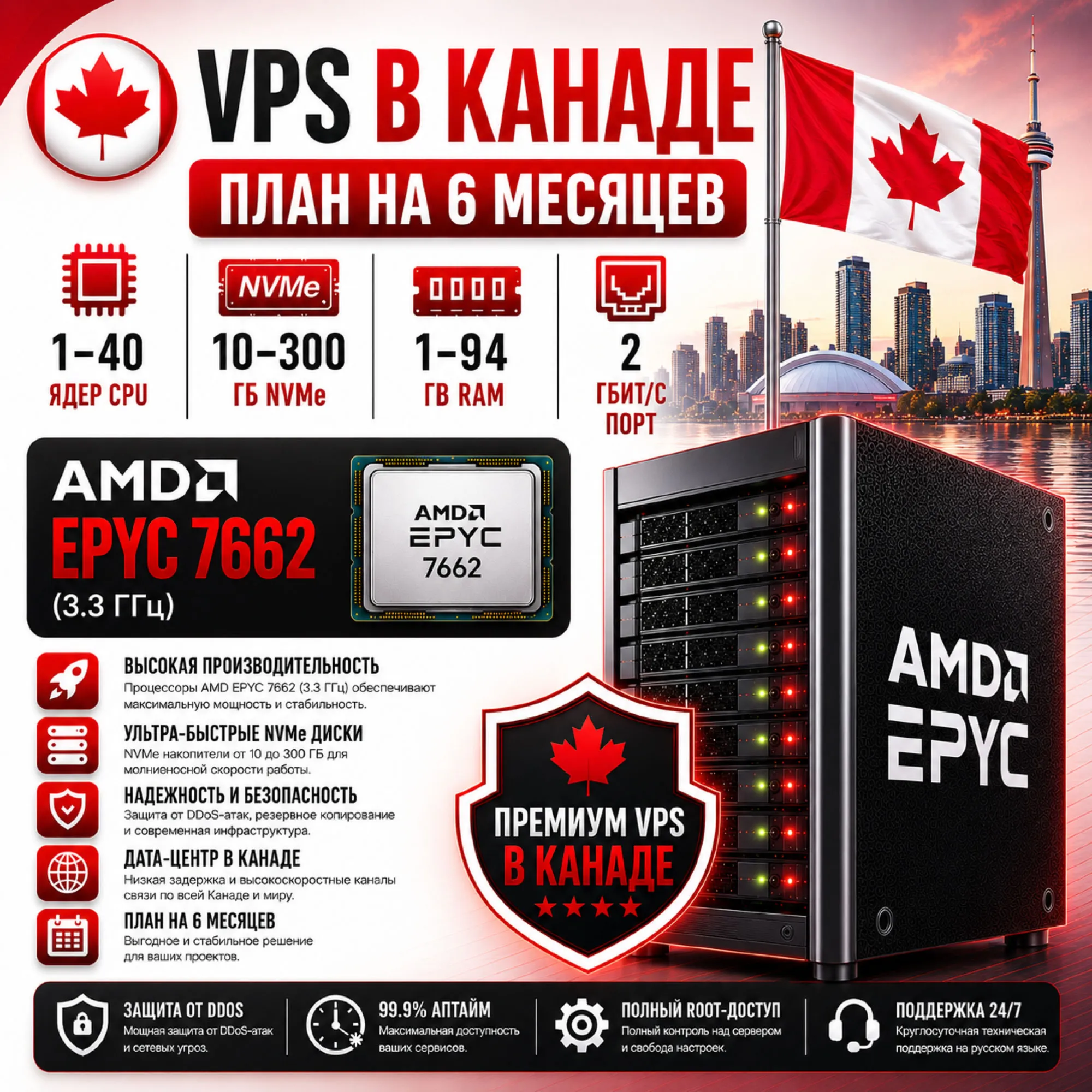 Канада VPS - 6 Месяцев | AMD EPYC 7662 | Быстрый NVMe | Порт 2 Гбит/с