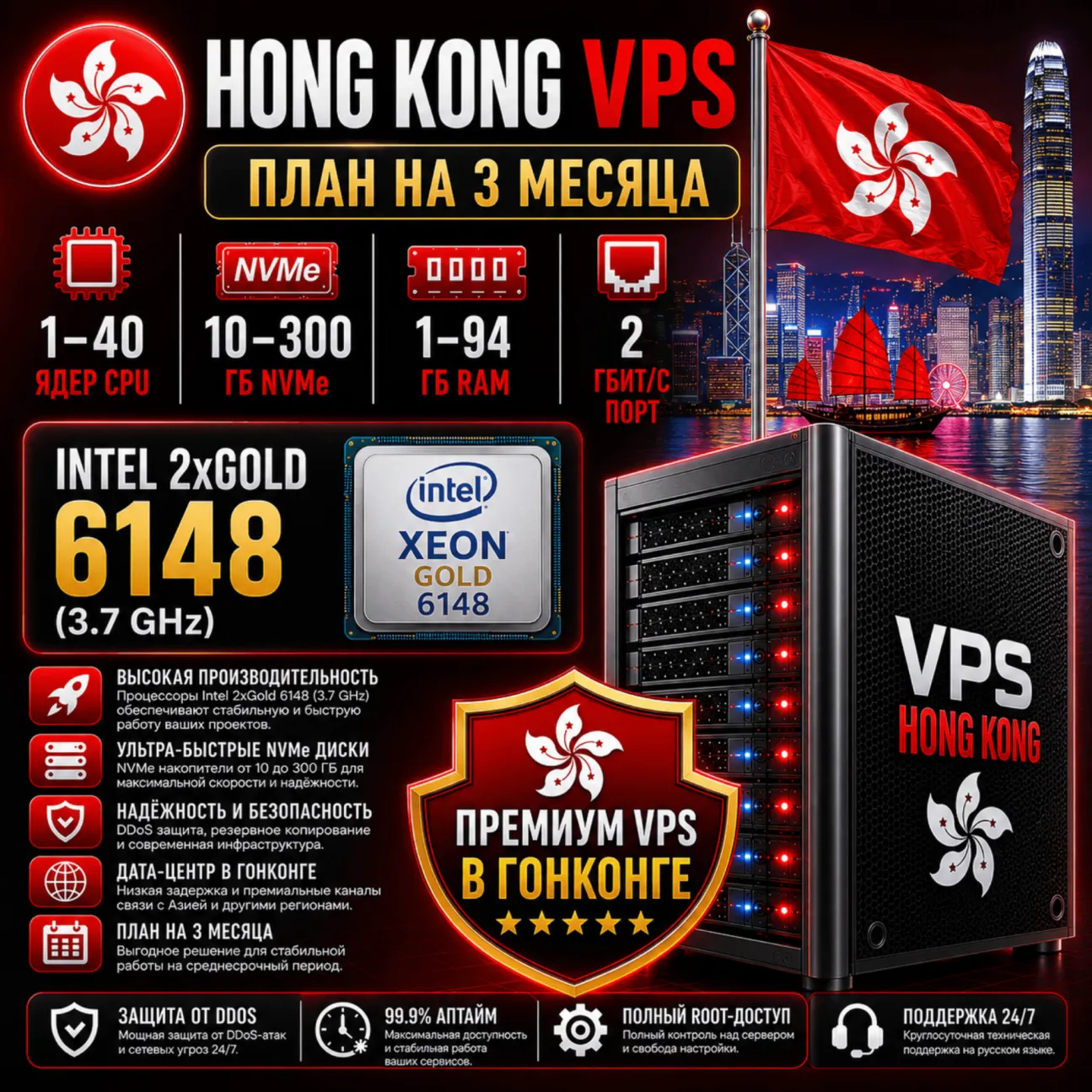 Гонконг VPS - 3 Месяца | Intel 2xGold 6148 | Быстрый NVMe | Порт 2 Гбит/с