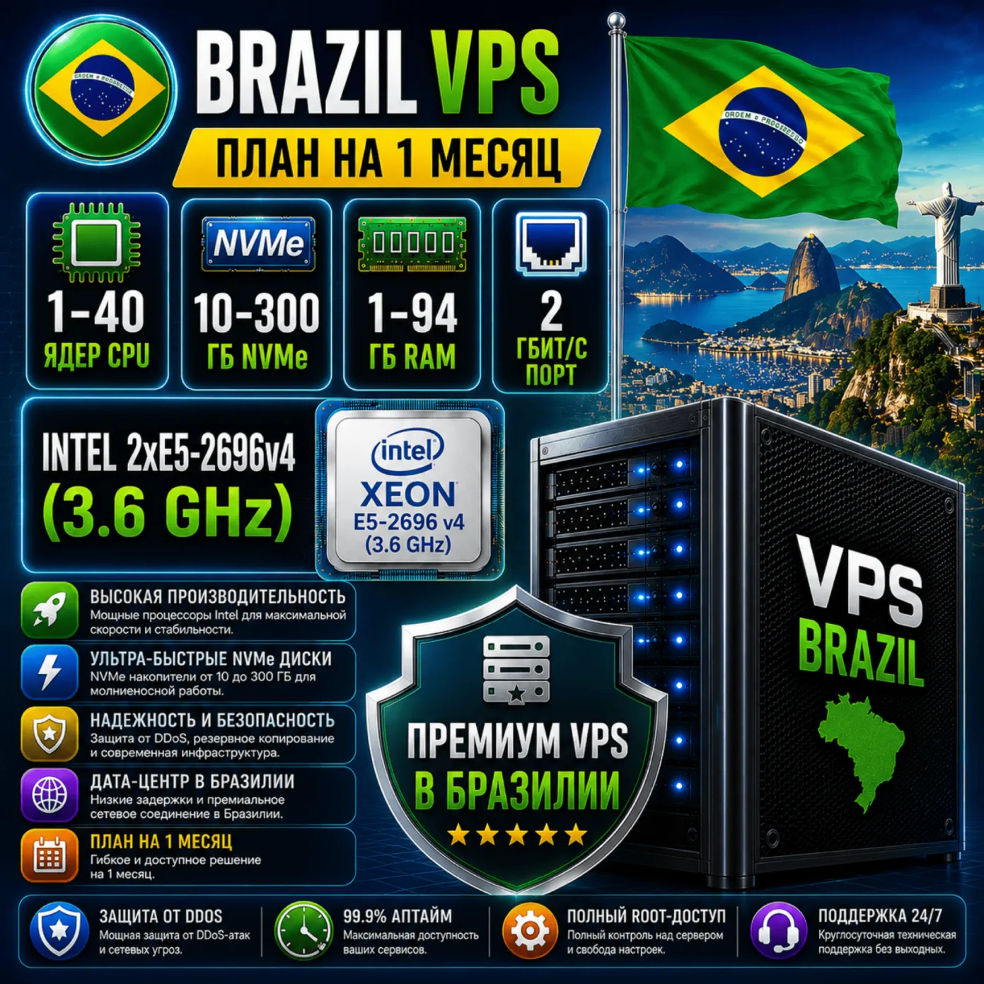 Бразилия VPS - 1 Месяц | Intel 2xE5-2696v4 | Быстрый NVMe | Порт 2 Гбит/с
