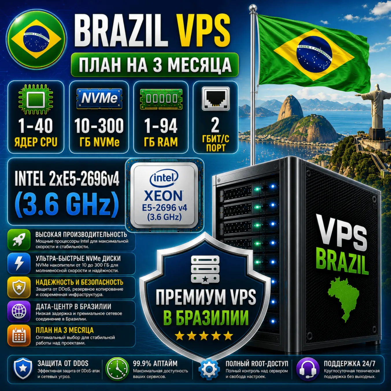 Бразилия VPS - 3 Месяца | Intel 2xE5-2696v4 | Быстрый NVMe | Порт 2 Гбит/с