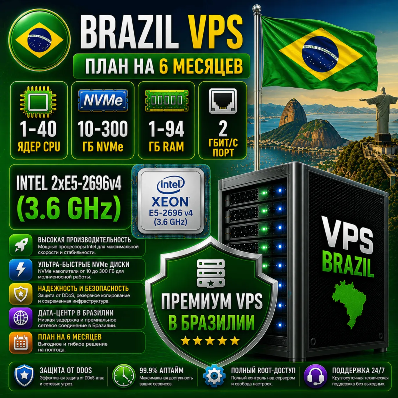 Бразилия VPS - 6 Месяцев | Intel 2xE5-2696v4 | Быстрый NVMe | Порт 2 Гбит/с