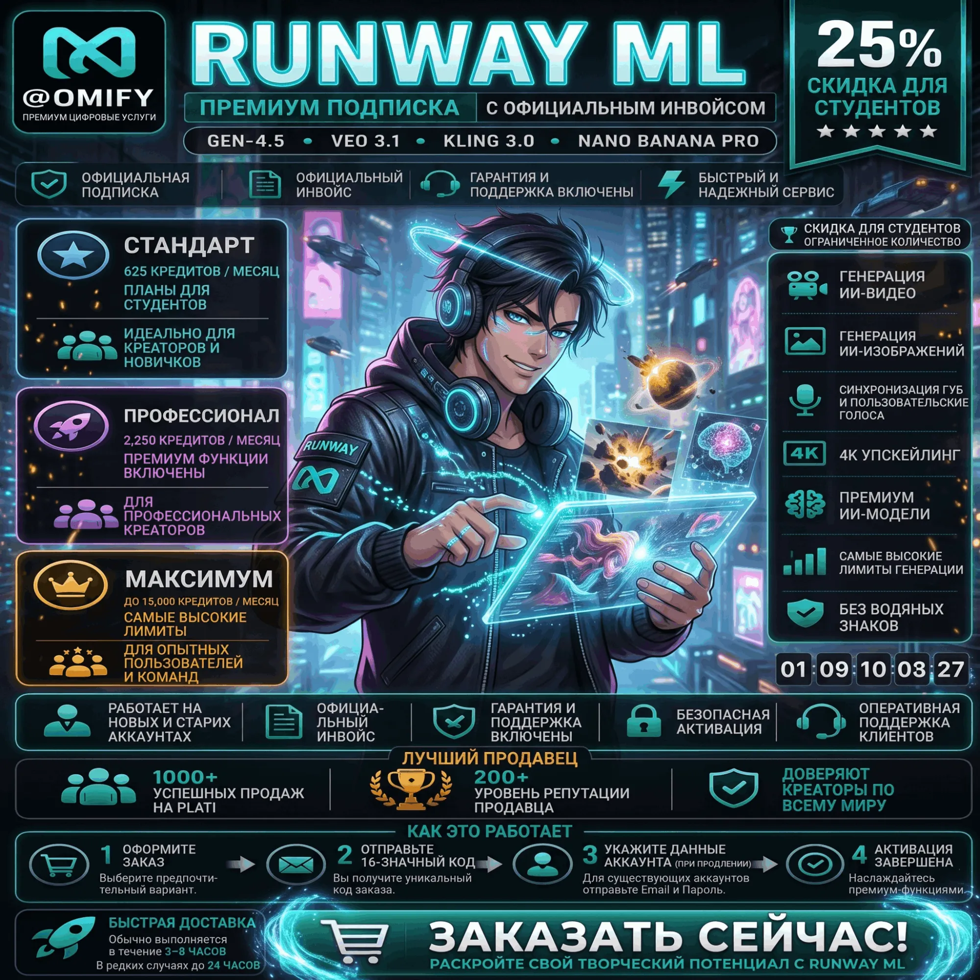 Runway ML Standard/Pro/Max | Скидка для студентов 25% | Подписка