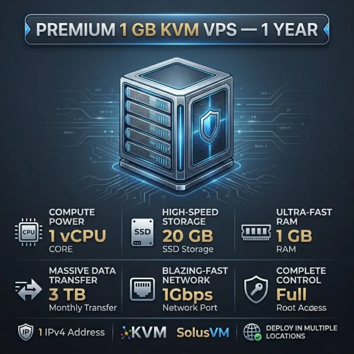 1GB KVM VPS — 1 Год | 1 vCPU | 20GB SSD | 3TB BW | 1Gbps