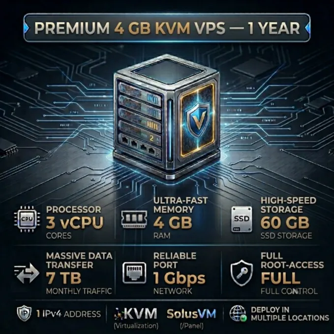 4 GB KVM VPS - 1 Год | 3 vCPU | 60 GB SSD | 4 GB RAM | 1Gbps