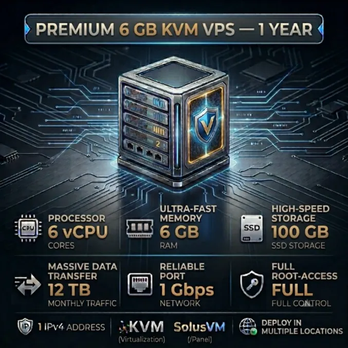 6 GB KVM VPS - 1 Год | 6 vCPU | 100 GB SSD | 6 GB RAM | 1Gbps