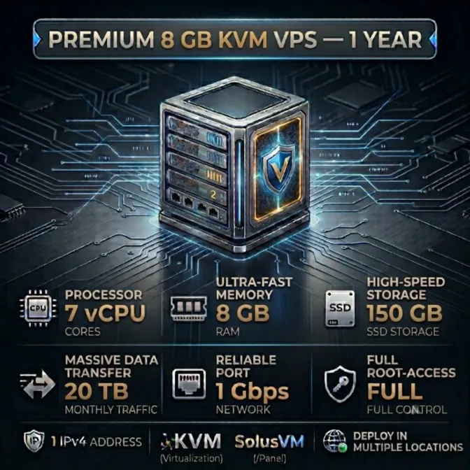 8 GB KVM VPS - 1 Год | 7 vCPU | 150 GB SSD | 8 GB RAM | 1Gbps
