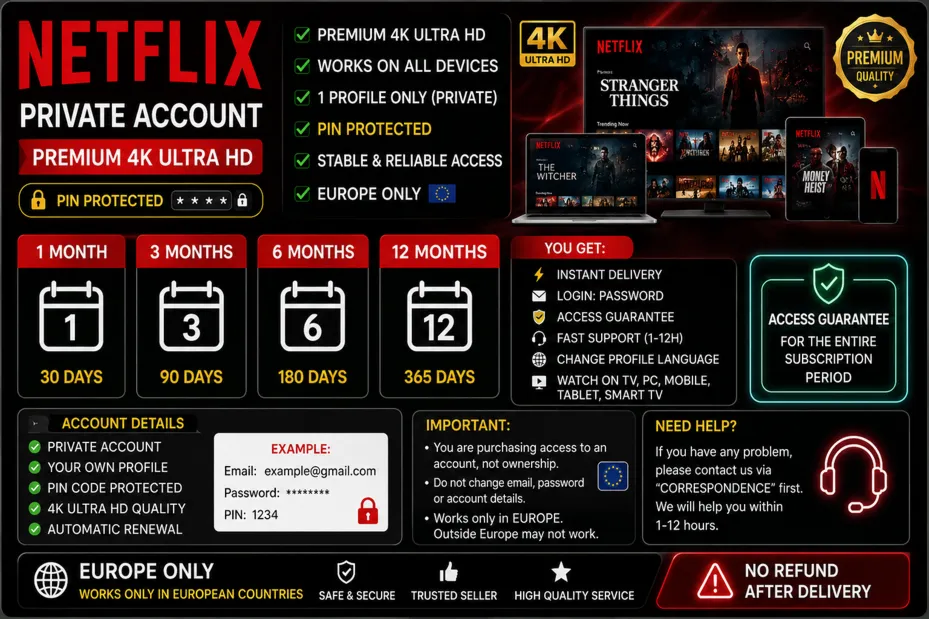 Аккаунт Netflix | Приватный | Премиум 4K | Только для Европы 🇪 🇺 
