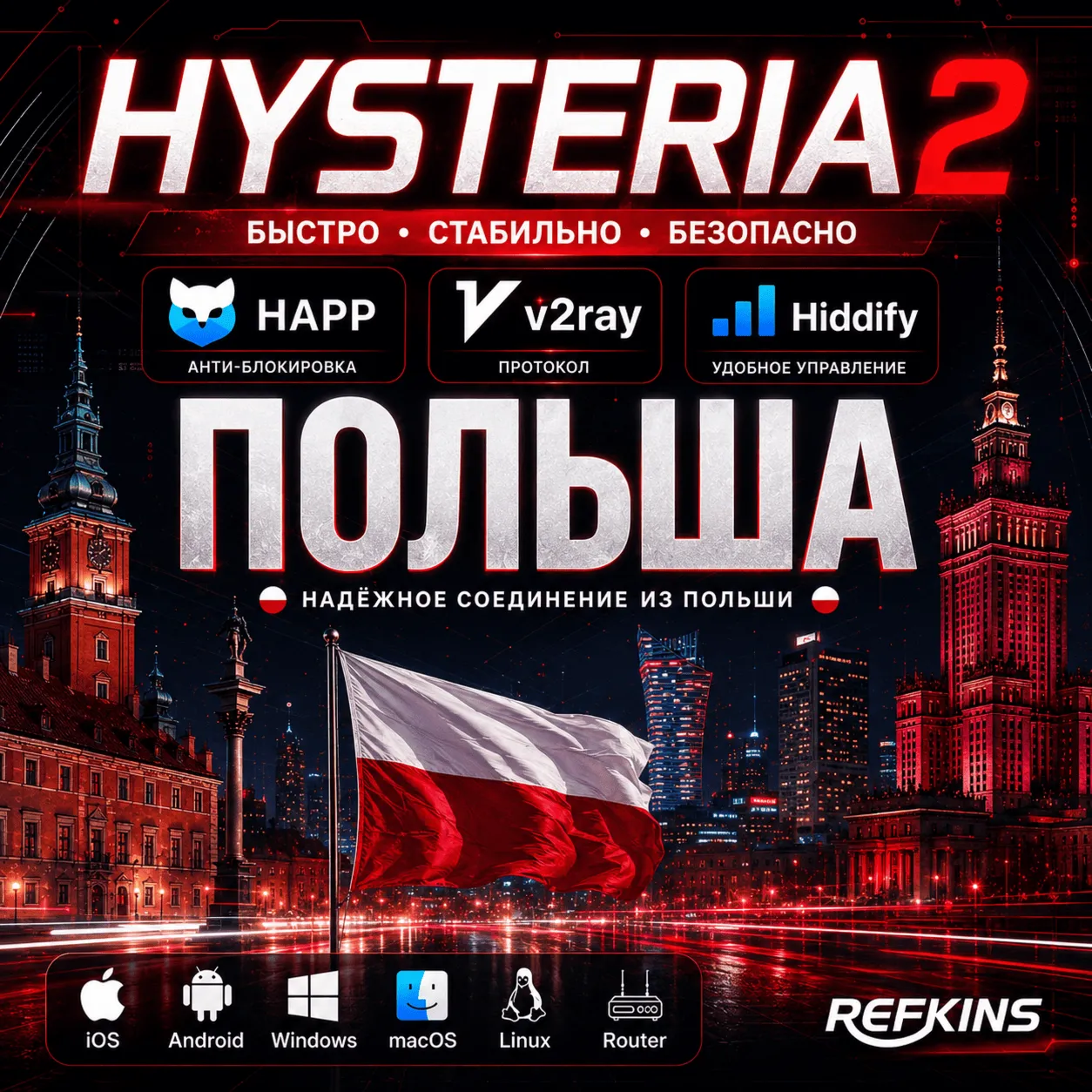 ВПН VLESS ПОЛЬША ЛИЧНЫЙ +27 локаций и белые списки БС HAPP V2RAY КИНЕТИК БЕЗЛИМИТ