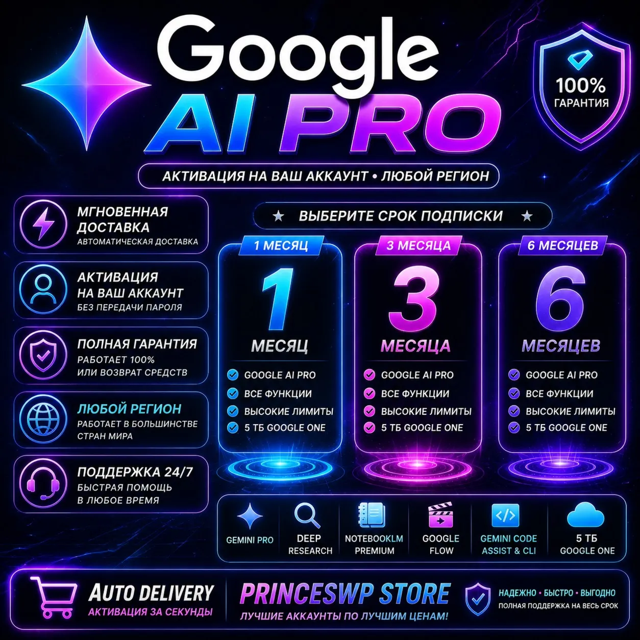 ⚡ 🟩 АВТО 24/7  | GOOGLE GEMINI AI PRO | 1-3-6 МЕСЯЦЕВ | ССЫЛКА ДЛЯ АКТИВАЦИИ