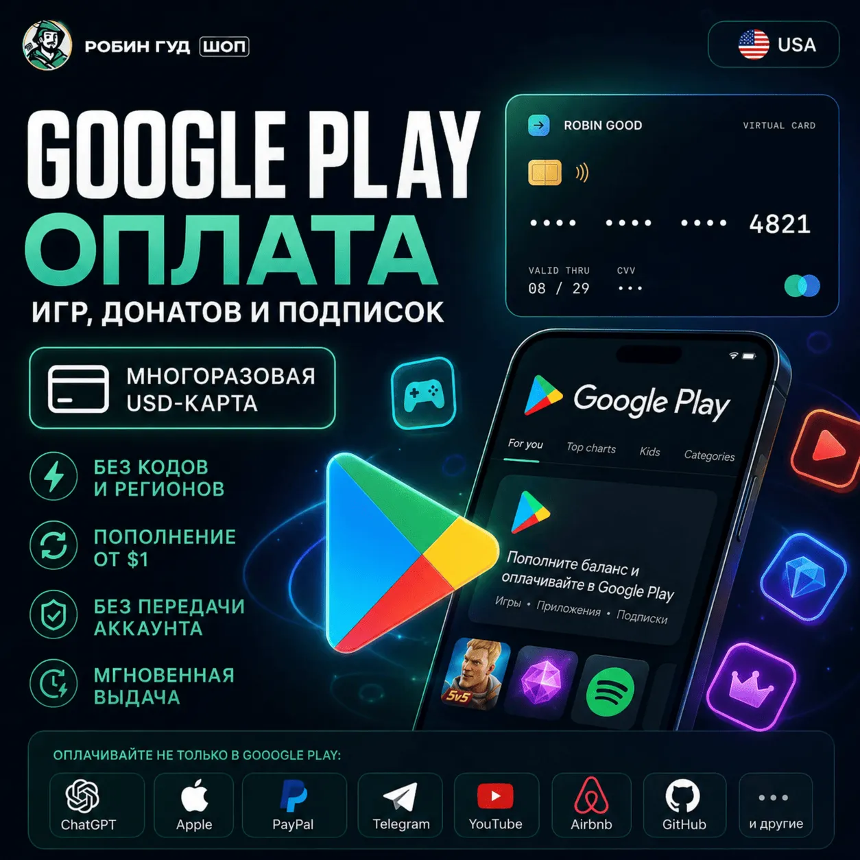 GOOGLE PLAY США — ОПЛАТА ИГР, ДОНАТОВ И ПОДПИСОК / МНОГОРАЗОВАЯ USD-КАРТА - irongamers.ru