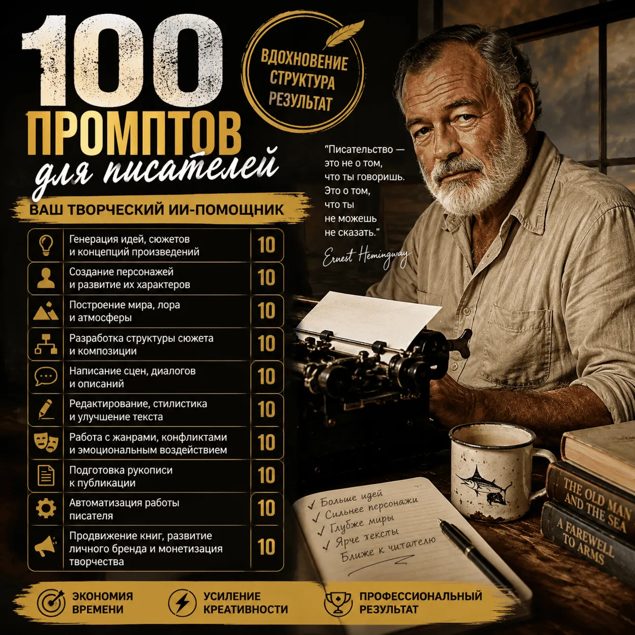 100 промптов ChatGPT для писателей — AI Writer Pro 2026: сюжеты, персонажи и создание