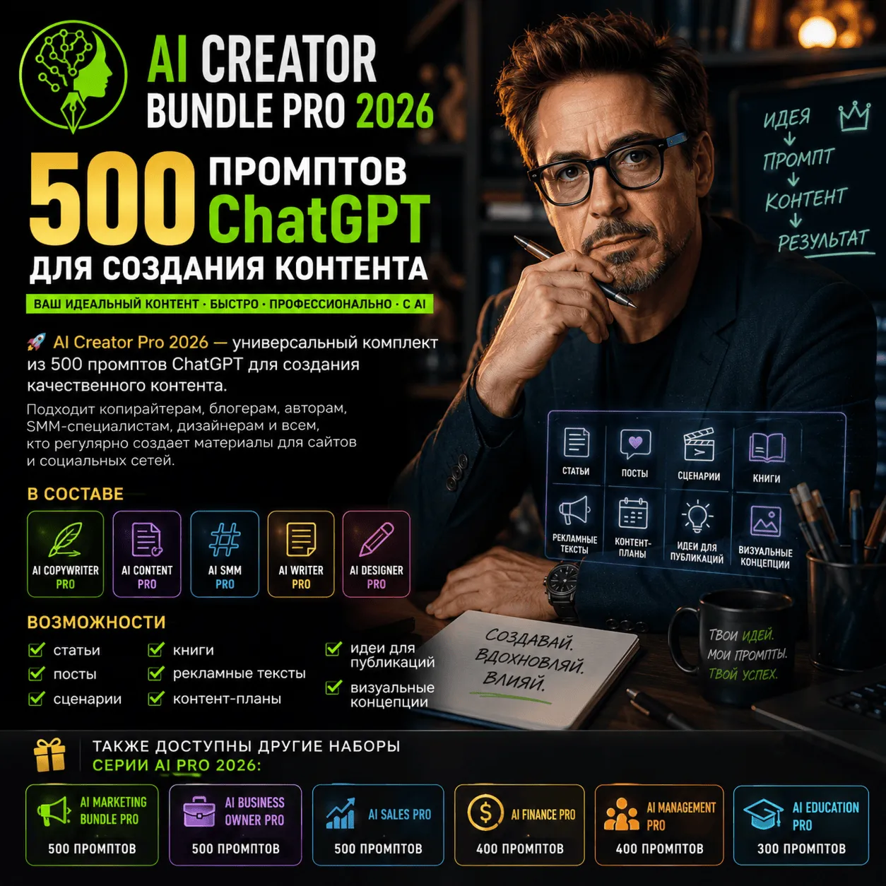 500 промптов ChatGPT для создания контента — AI Creator Bundle Pro 2026