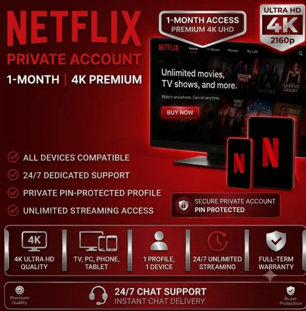 Netflix 4K Ultra HD [1 месяц] – Приватный профиль (совместимо с телевизорами)