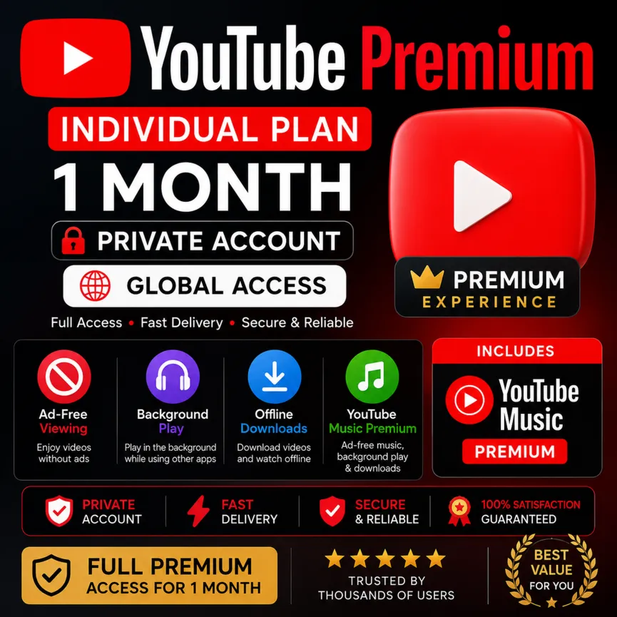 Индивидуальный тарифный план YouTube Premium на 1 месяц — закрытый аккаунт (глобальны