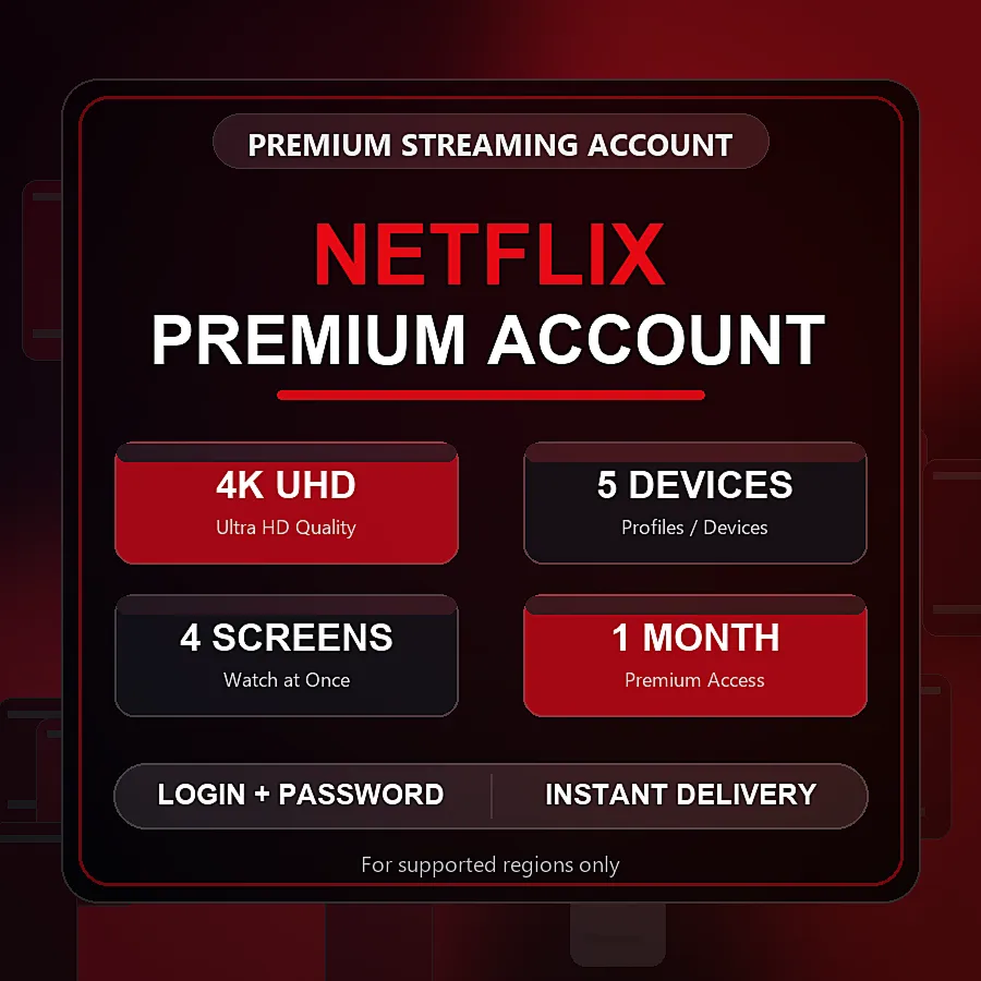 Netflix Premium Account | 1 Month | 4K UHD | 5 Devices | 4 Screens