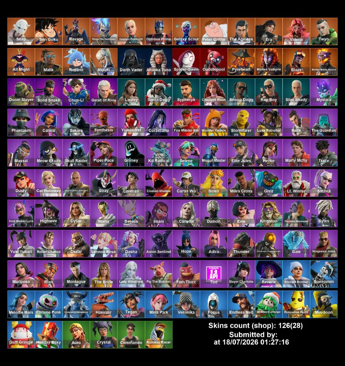 Мгновенный доступ • FN (все платформы) • 126 skins • Snap • 1200 VB • Полный доступ