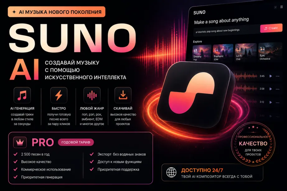 Suno AI Pro 1 год | Годовая подписка | Полный доступ