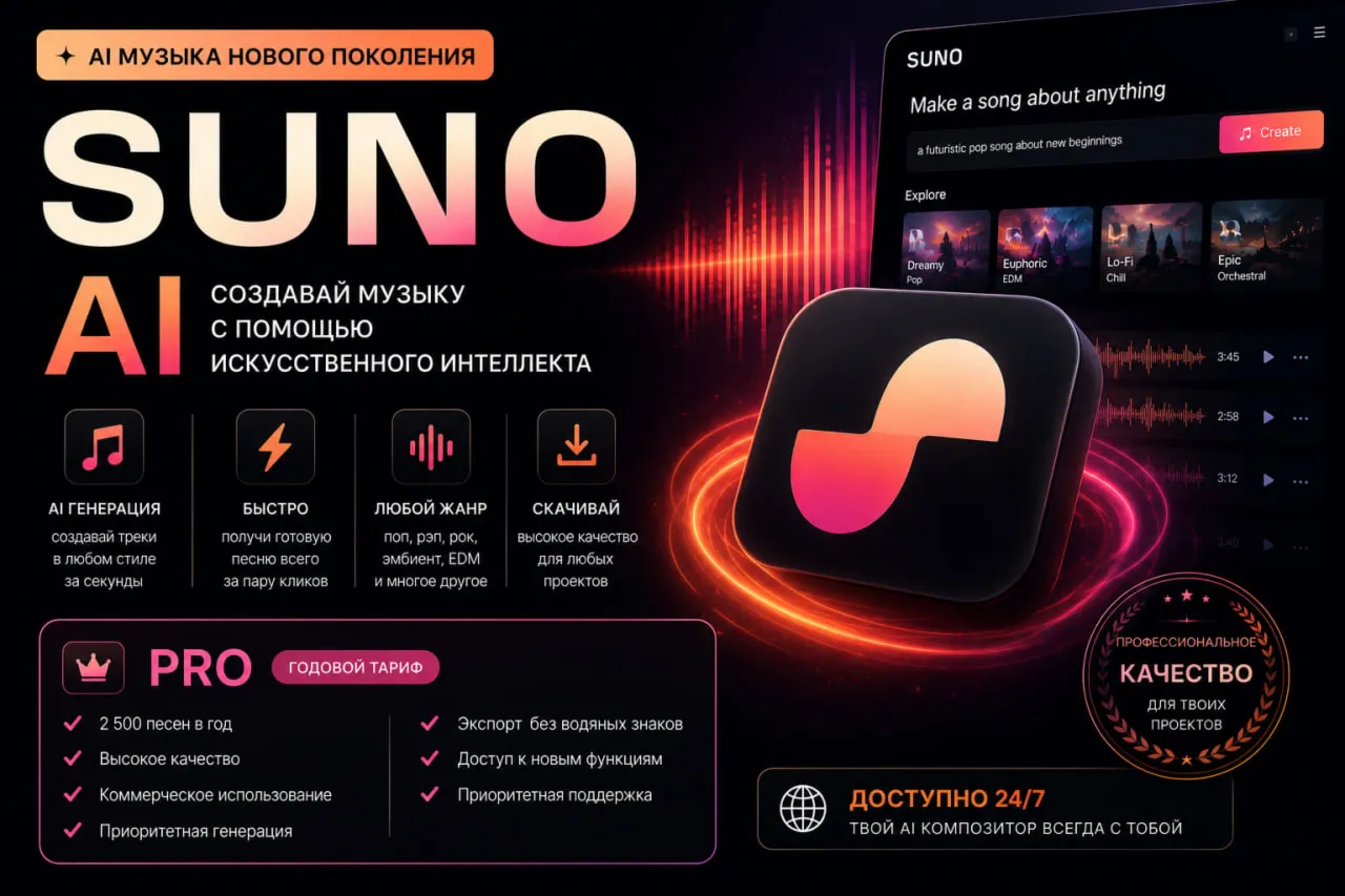 Suno AI Pro 1 год | Годовая подписка | Полный доступ