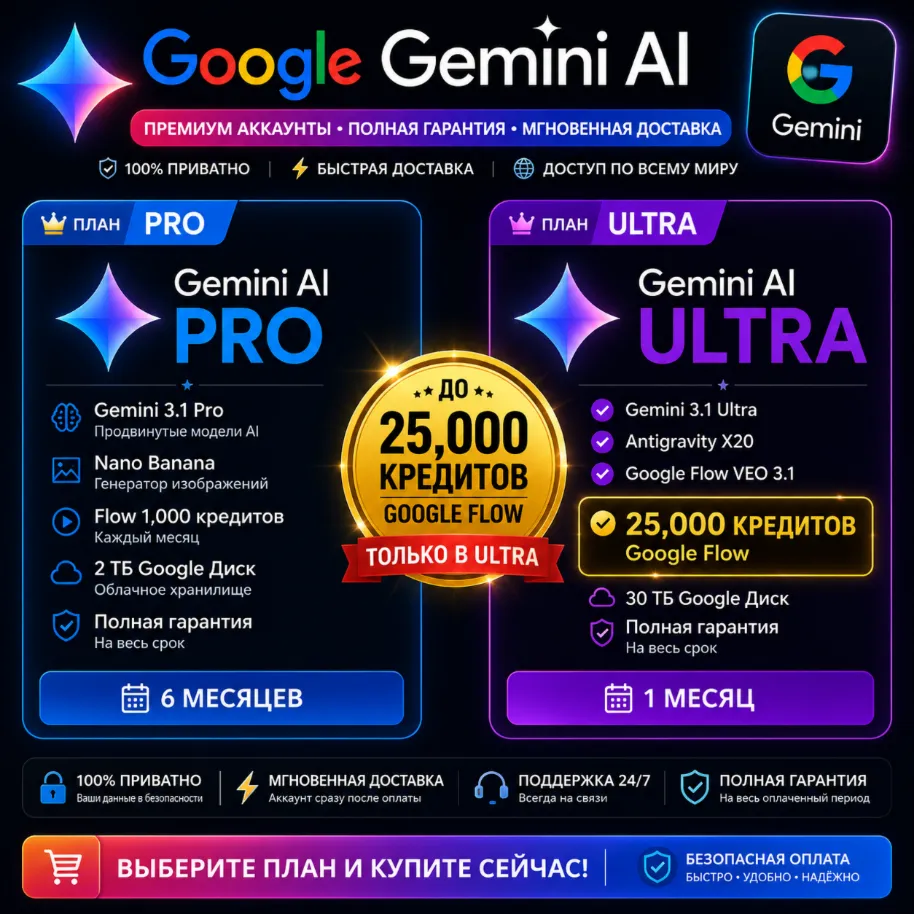 Gemini AI Pro / Ultra X20 | Flow до 25 000 кредитов | Готовый аккаунт | Быстрая выдач