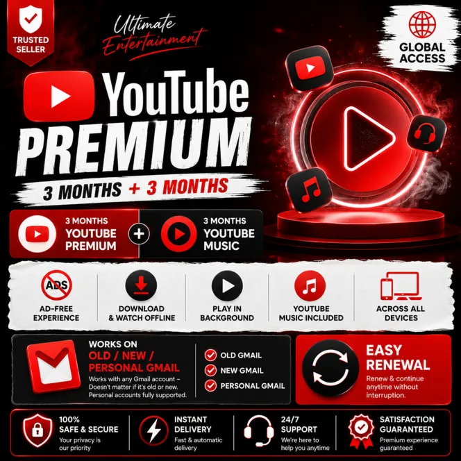 YouTube Premium (3 месяца) + YouTube Music (3 месяца) — Глобальная версия (старые, но
