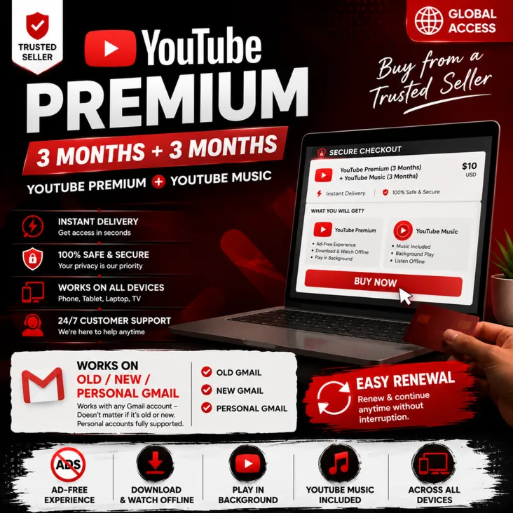 YouTube Premium (3 месяца) + YouTube Music (3 месяца) — Глобальная версия (старые, но