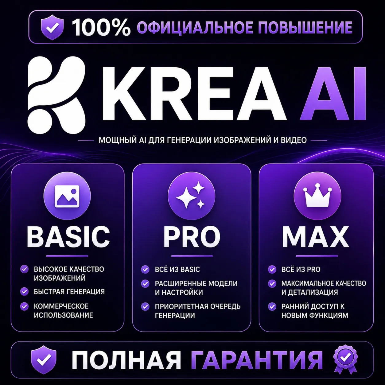 Krea AI Basic/Pro/Max | 1–12 мес | В реальном времени | ПОЛНАЯ ГАРАНТИЯ