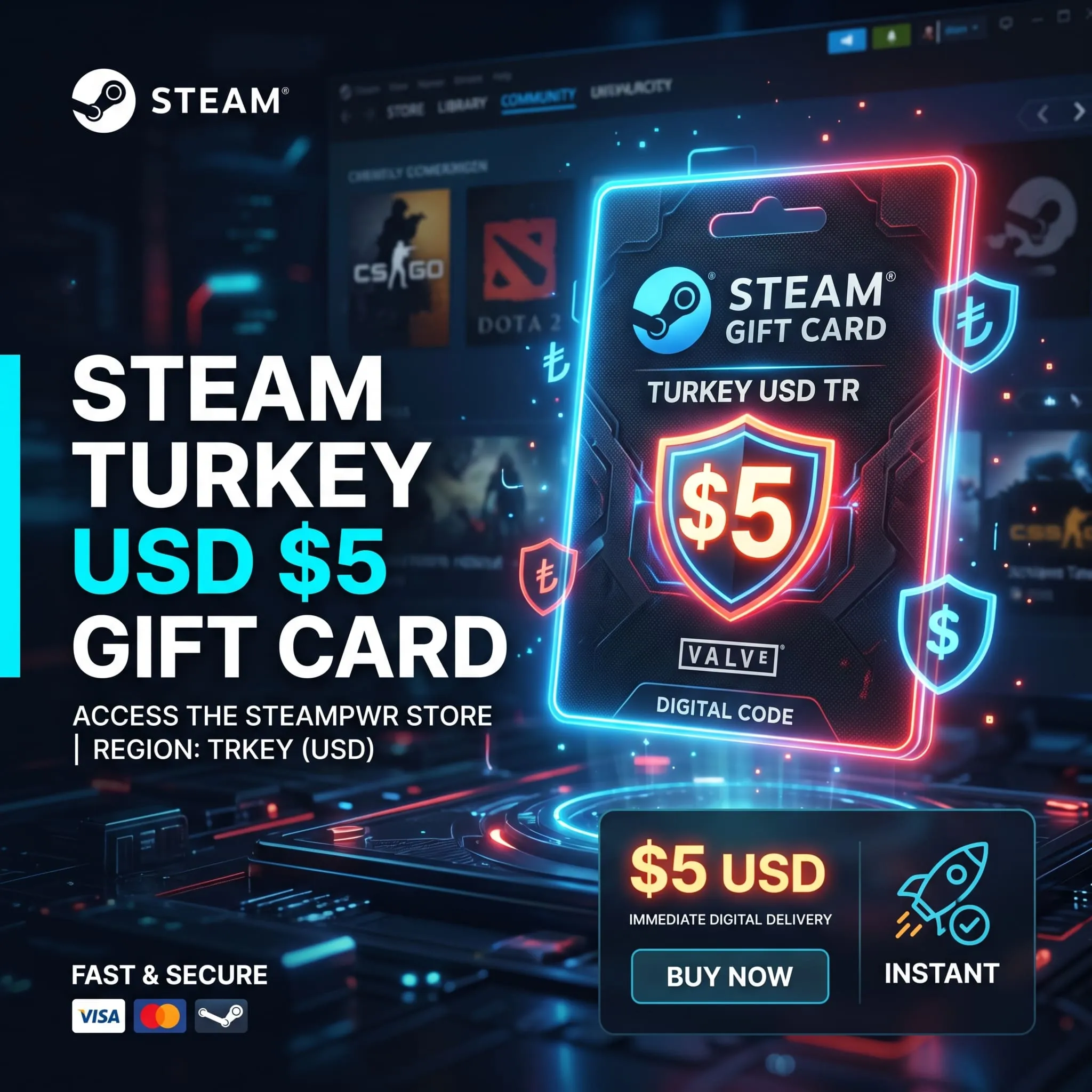🎮 Steam Turkey USD TR Gift Card — $5 | Digital Delivery ⚡ 