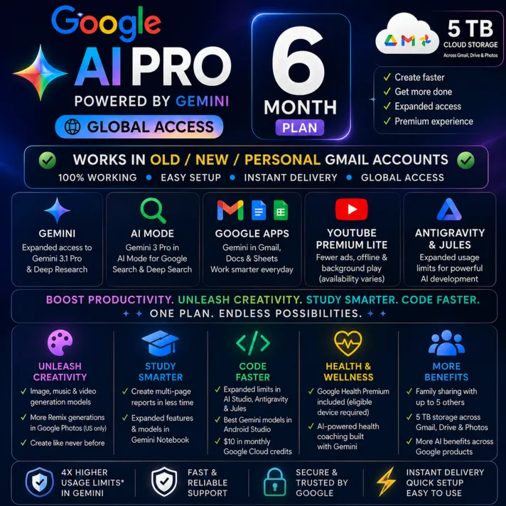 Google AI Pro (Gemini) — 6 месяцев (глобальная версия) | Облачное хранилище 5 ТБ | Д