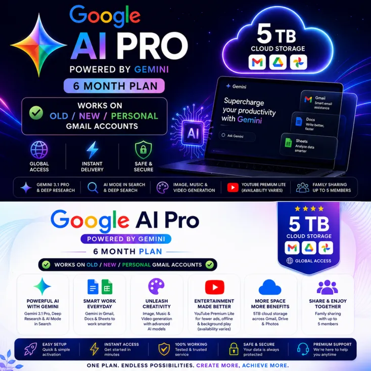 Google AI Pro (Gemini) — 6 месяцев (глобальная версия) | Облачное хранилище 5 ТБ | Д