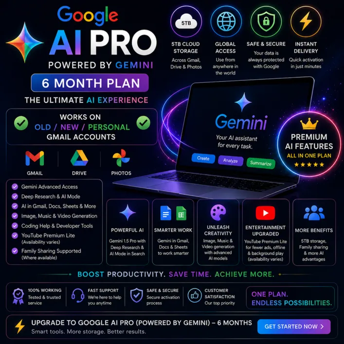 Google AI Pro (Gemini) — 6 месяцев (глобальная версия) | Облачное хранилище 5 ТБ | Д