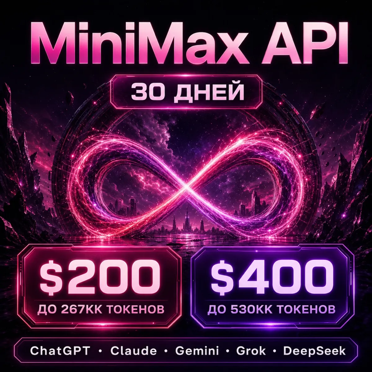 API Minimax/Claude/ChatGPT и др. Токены до ~267млн/$200; ~540млн/$400. / 1 месяц