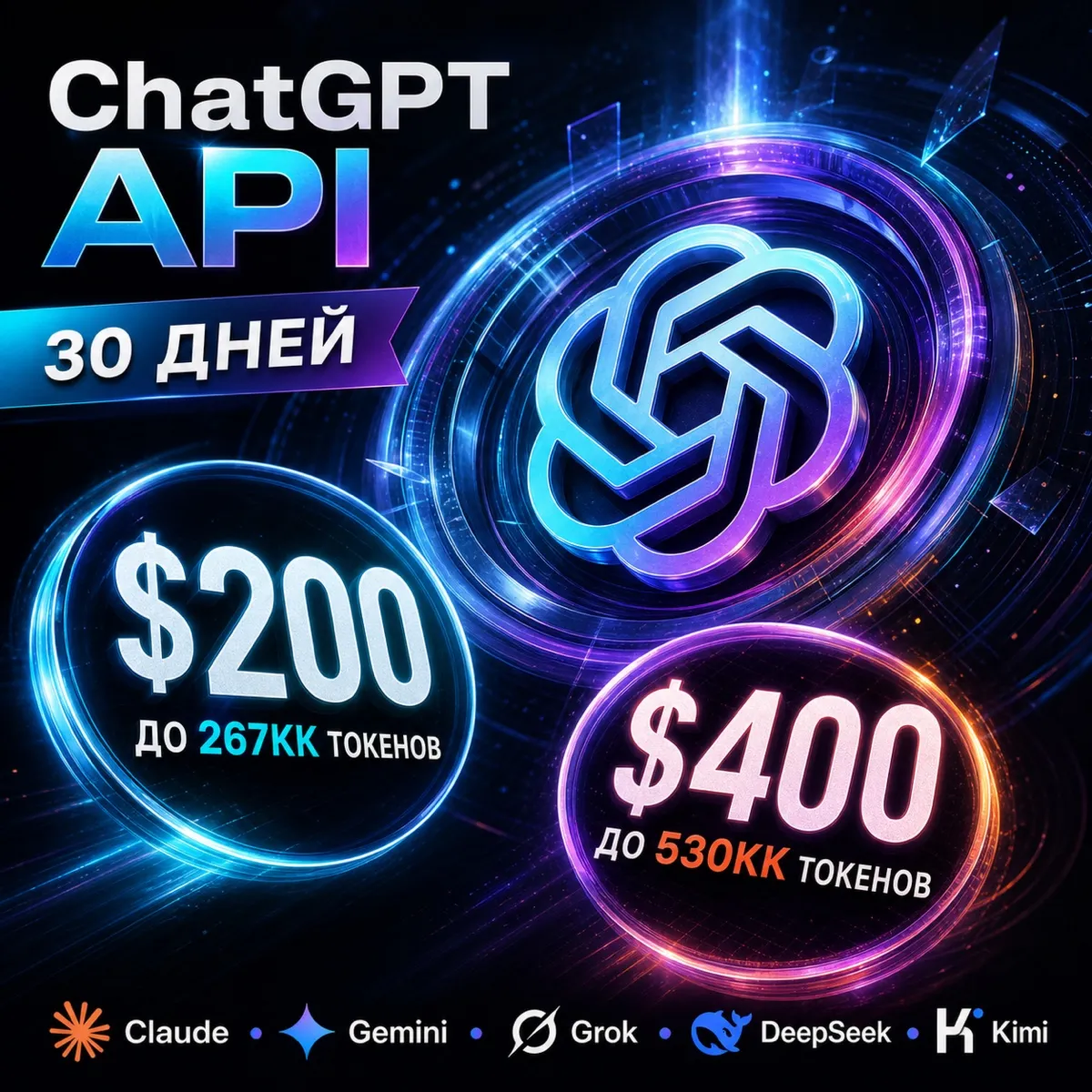 API ChatGPT/Claude и др. Токены до ~267млн/$200; ~540млн/$400. / 1 месяц