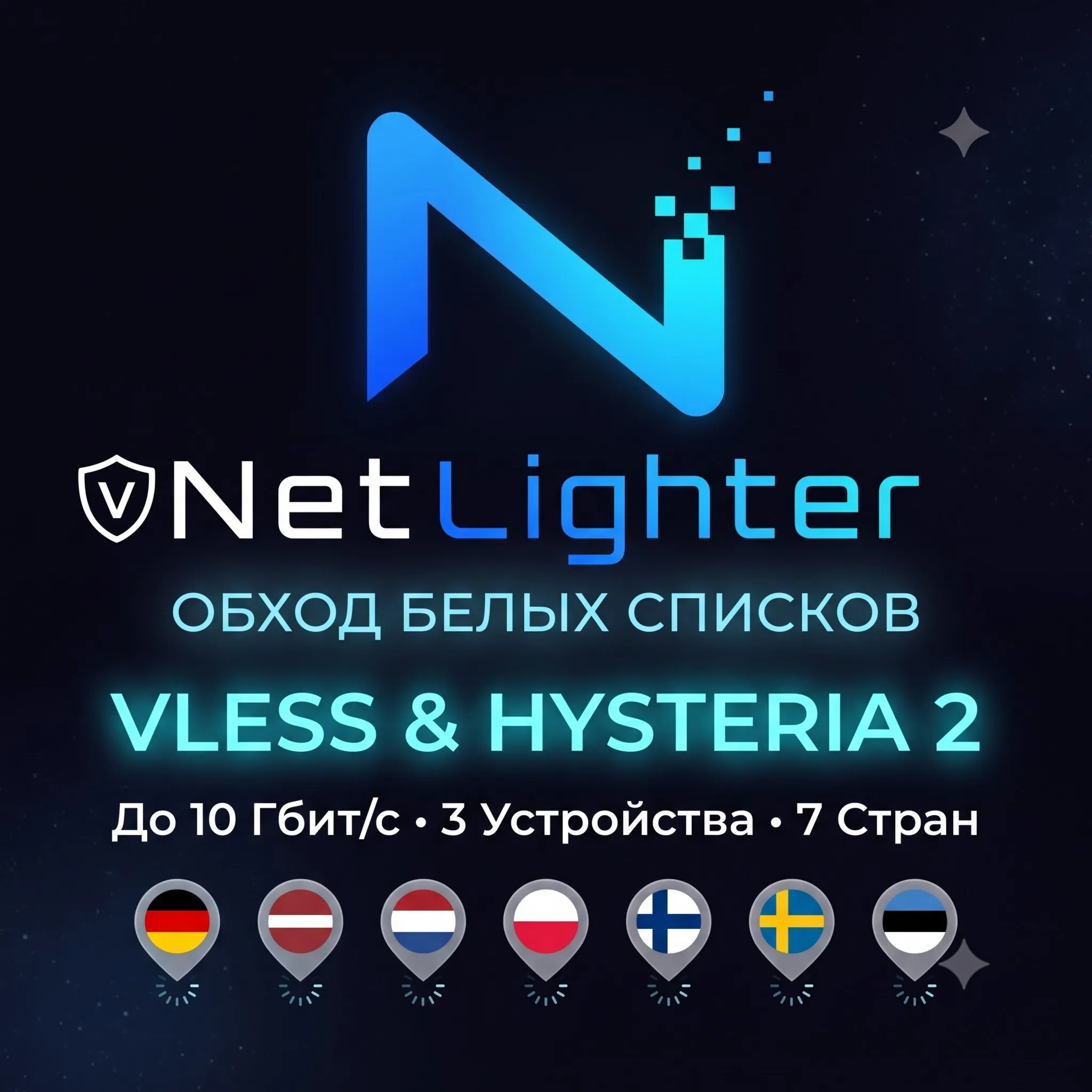 ⚡  NetLighter Обход белых списков [1 / 3 Месяца] | VLESS + Hysteria2 | 7 Стран