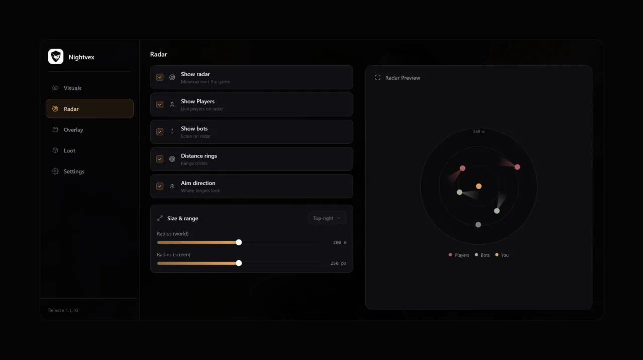 Nightvex ESP для Arena Breakout: Infinite (ABI) — радар, лут, боты