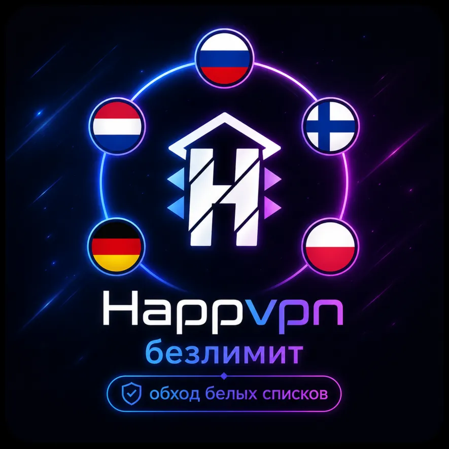 Happ vpn - безлимит | обход белых списков | 5 стабильных локаций - 1 месяц